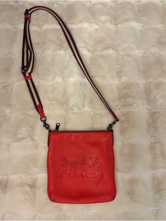 Coach Handbags - Coach Red Pebbled Leather Crossbody with Striped Strap